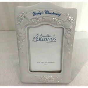 Enesco Baby's Christening Picture Frame Ceramic Porcelain Floral Ribbon Keepsake